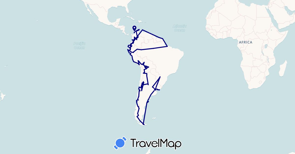 TravelMap itinerary: driving in Argentina, Bolivia, Brazil, Chile, Colombia, Ecuador, French Guiana, Peru, Suriname, Uruguay (South America)
